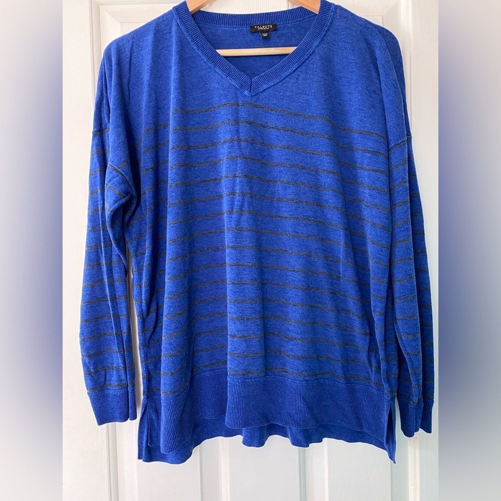 TALBOTS BLUE & gray striped loose vneck sweater 2xl petite